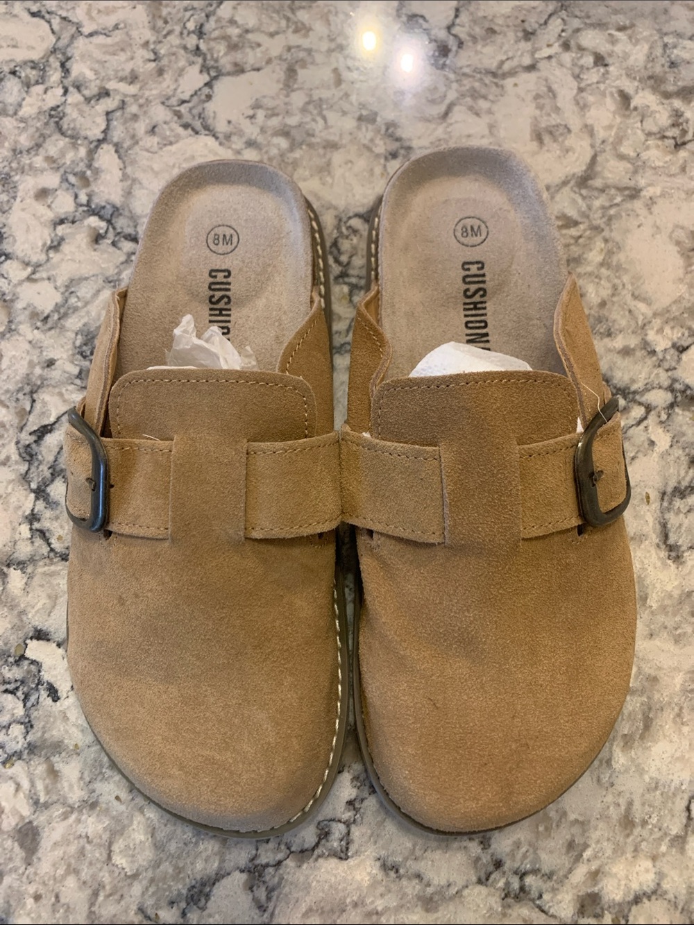 Cushioned Suede Slip-On Clogs in Tan